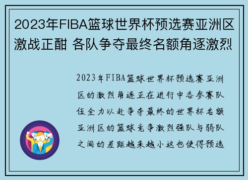 2023年FIBA篮球世界杯预选赛亚洲区激战正酣 各队争夺最终名额角逐激烈