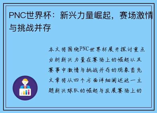 PNC世界杯:新兴力量崛起,赛场激情与挑战并存