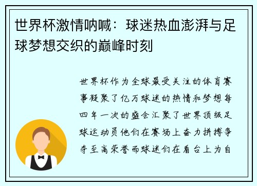 世界杯激情呐喊：球迷热血澎湃与足球梦想交织的巅峰时刻